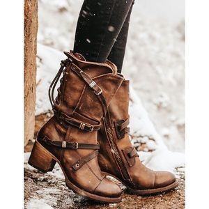 Freebird Boot Cora Leather Buckle Strap Slouchy Lace-Up Winter Brown 9 GUC